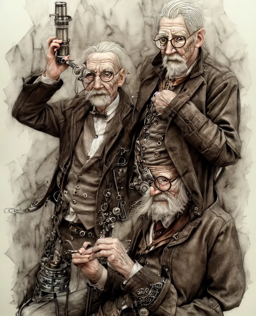 Image similar to hyper realistic full figure pencil drawing of an older man steampunk, water color, detailed, rim light, diffused, intricate, by anna dittmann,