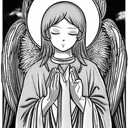Image similar to beautiful detailed illustration of catholic anime angel praying in church, pixiv