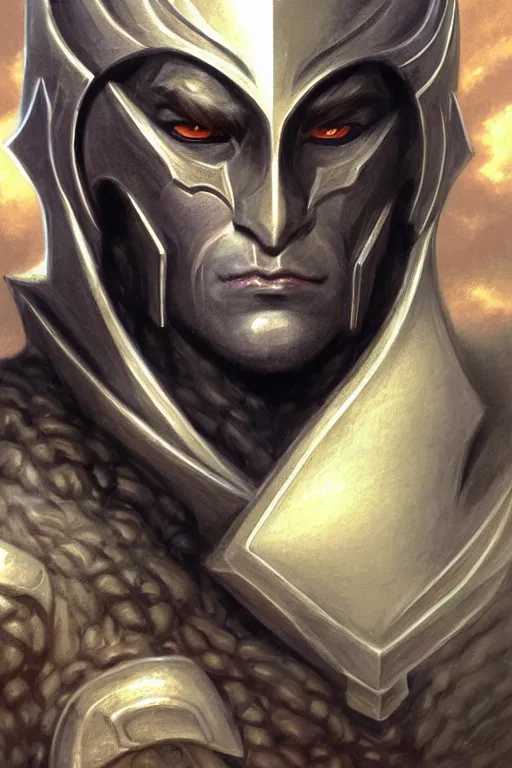 Image similar to head and shoulders portrait of an eldrich knight, drow, dark elf, shadar kai, armored, magical, male, high fantasy, d & d, by boris vallejo, face details, extremely detailed, digital illustration