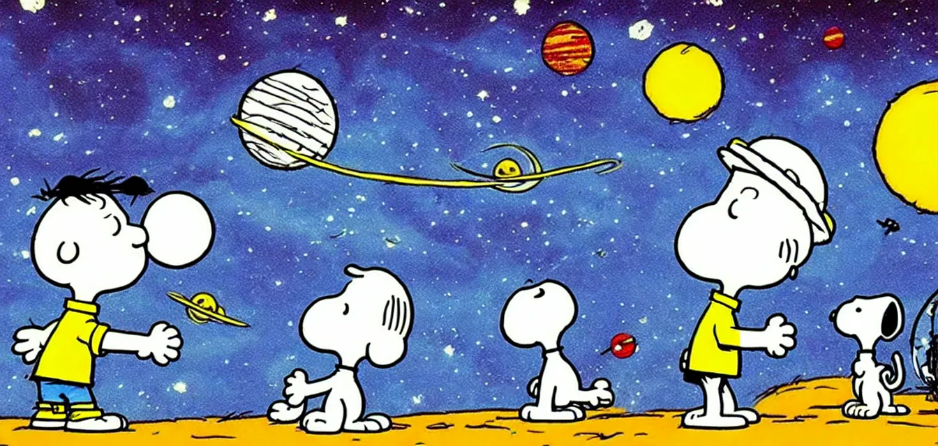 Image similar to calvin and snoopy in space exploring an alien planet, drawn by bill watterson and charles schulz, very detailed and cute and dreamy and playful and happy and cheerful