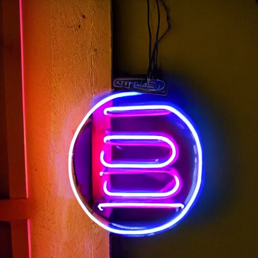 Prompt: Vintage neon sign that spells DYSKOTEKA, hung above the door, late summer evening, long exposure, 50mm f8