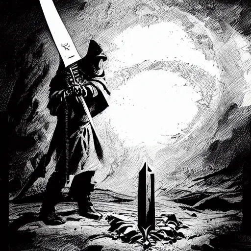 Image similar to A sword stuck in the ground, as a makeshift grave. Close Up Shot, Dark Fantasy, Film Noir, Black and White. High Contrast, Mike Mignola, D&D, OSR