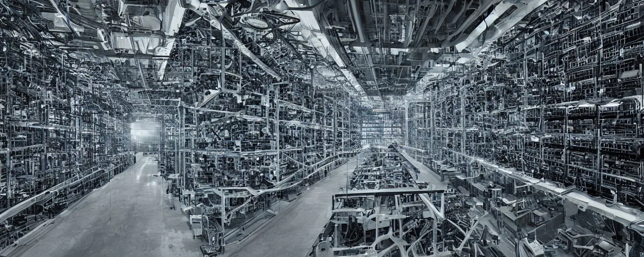 Prompt: A massive GPU server farm in the shape of an industrial mill churning out an infinite exhaust of creative images and carbon emissions, by phillipe druillet