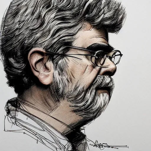 Image similar to a realistic yet scraggly portrait sketch of the side profile of a stern and sophisticated george lucas, trending on artstation, intricate details, in the style of frank auerbach, in the style of sergio aragones, in the style of martin ansin, in the style of david aja, in the style of mattias adolfsson