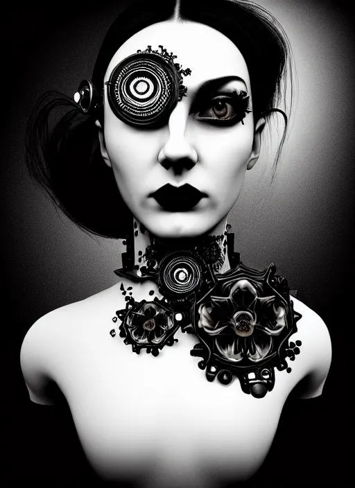 Image similar to black and white gothic masterpiece profile portrait, one steampunk eye silver hexagonal meshes floral biomechanical beautiful young female cyborg - vampire, big monocular, volumetric light, hibiscus flowers, by hg giger, rim light, big gothic fashion pearl embroidered collar, 8 k