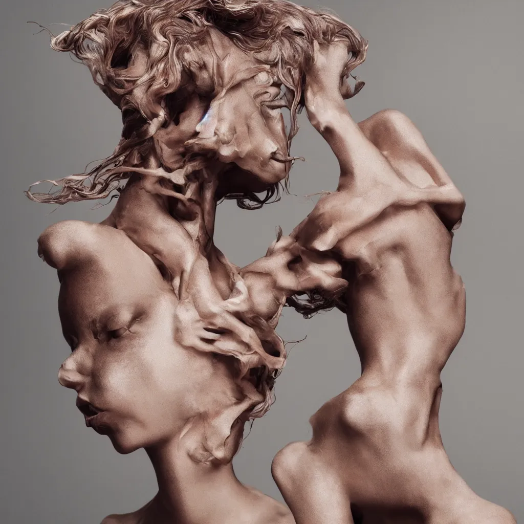 Prompt: flume_and former_cover_art_future bass girl unwrapped_statue_bust _curls_of_ _hair_petite_lush_body_photography_model _futuristic material style of Jonathan Zawada Thisset