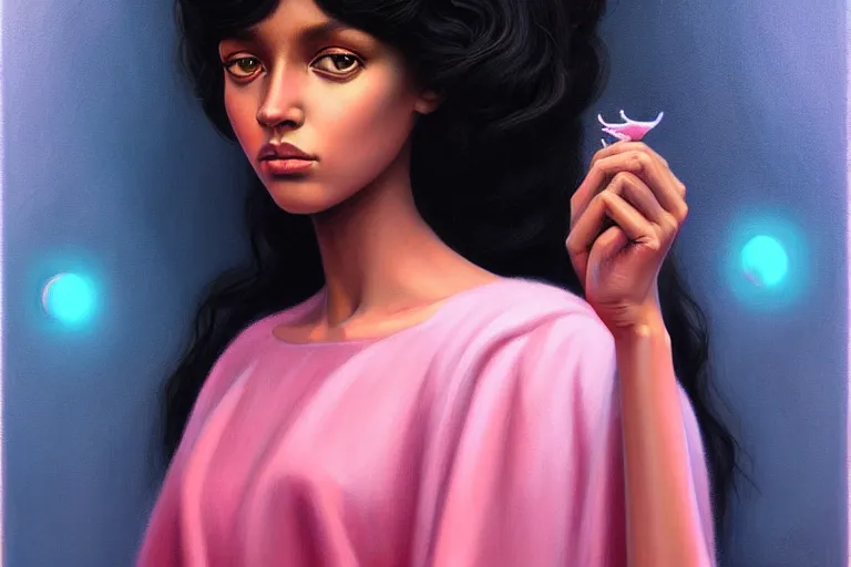 Image similar to ☁🌪🌙👩🏾, soft elegant gown, neon god of city character portrait, in the style of margaret keane, moebius, tom bagshaw, and waterhouse, cinematic lighting, beautiful, elegant, oil painting,