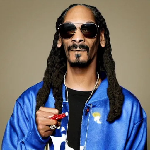 Image similar to Snoop Dog with big eyes eye color red , smiling and holding a joint in his hand