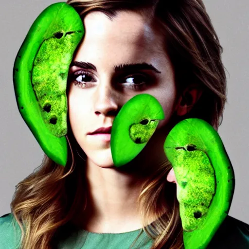 Image similar to photograph of emma watson with green avocado skin, anthropomorphic, photoshop