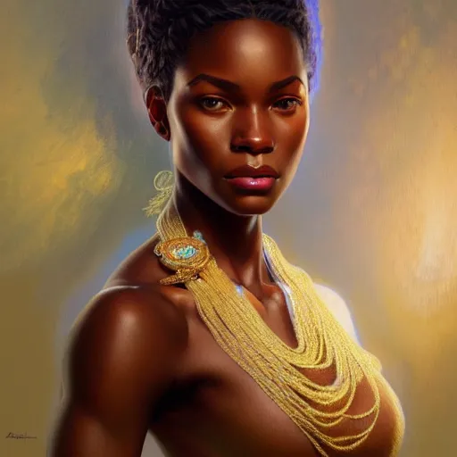 Prompt: portrait of an african american goddess, half body, perfect face, intricate, elegant, highly detailed, digital painting, artstation, concept art, smooth, sharp focus, illustration, art by artgerm and greg rutkowski and alphonse mucha