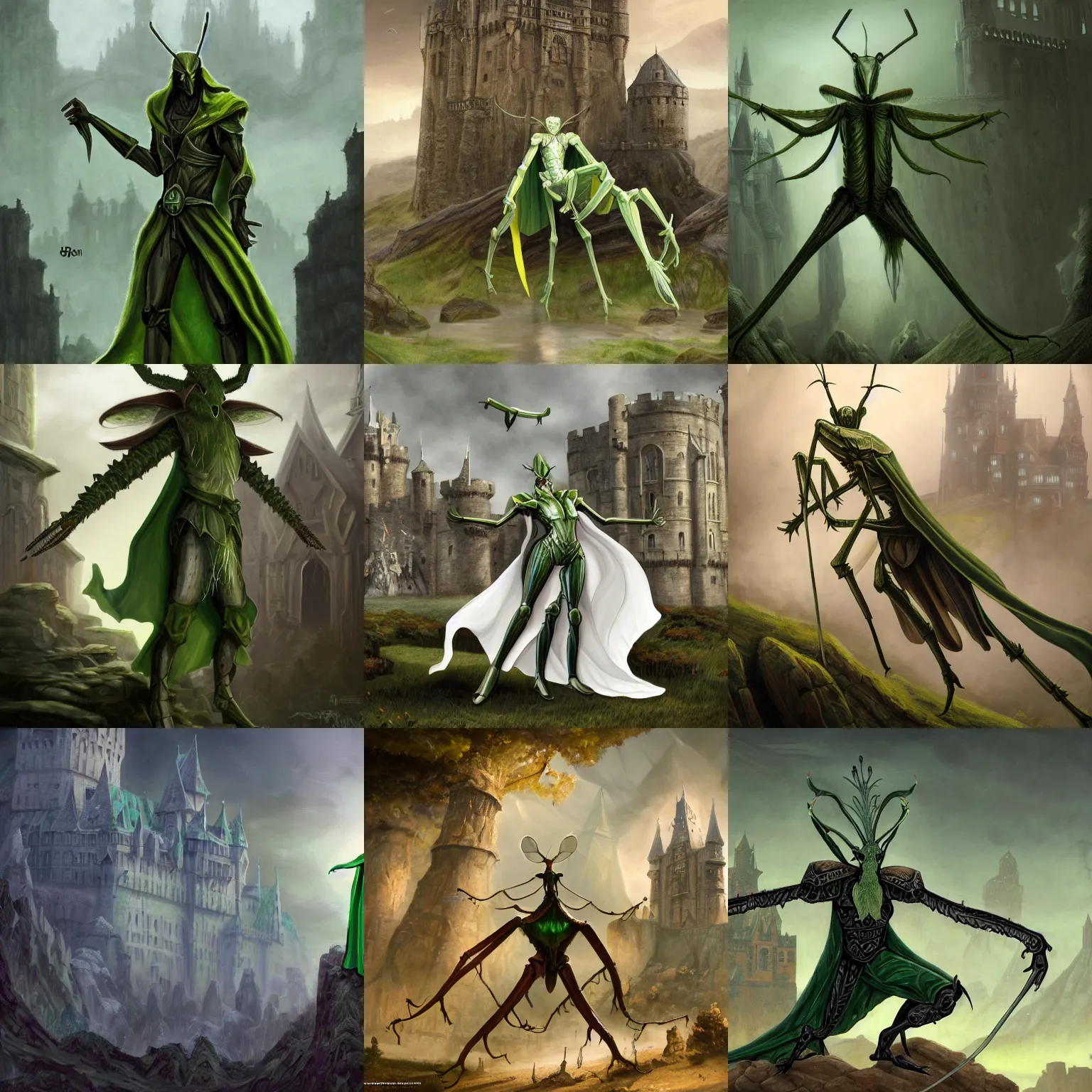 Prompt: full shot of green human - sized mantis religiosa as a d & d assassin wearing white cape ; 6 legs ; hestiastula head ; mantid features, magic dagger ; big medieval castle in the background ; fantasy drawing ; illustration ; artstation ; 8 k ; wallpapers ; heavy contrast ; cinematic art ; cgsociety ; art by greg rutkowski and thomas