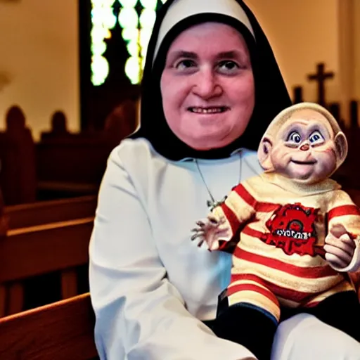 Image similar to a nun in church holding chucky the demonic evil killer doll on her lap