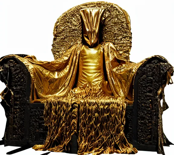 Prompt: the gold cloak enitty sits on the lovecraftian throne H 576