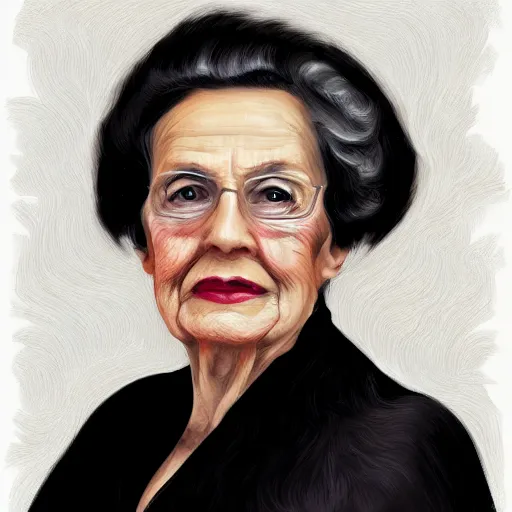 Prompt: a digital portrait of a 97 year old with black hair,hazel green eyes, drawn in the style of mark Arian