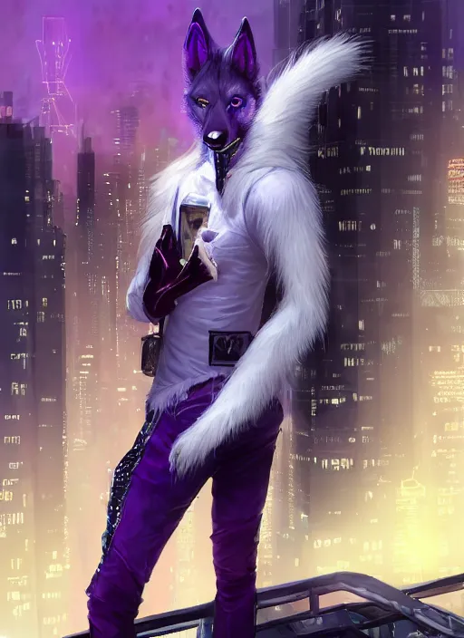 Image similar to award winning beautiful portrait commission of a male furry anthro albino wolf fursona with a tail and a cute beautiful attractive detailed furry face wearing stylish black, purple and yellow cyberpunk biker clothes standing on top of a high rise in a cyberpunk city at night while it rains. Character design by charlie bowater, ross tran, artgerm, and makoto shinkai, detailed, inked, western comic book art