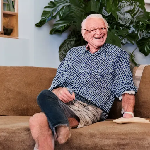 Prompt: a smiling old man sitting on a couch wearing the same fabric as the couch