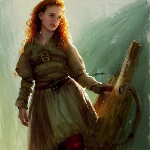 Prompt: young, freckled, curly haired, redhead Natalie Portman as a optimistic!, cheerful, rattlebrained medieval innkeeper in a dark medieval inn. colorful, soft focus, fantasy character concept art by by Jakub Rozalski, Jan Matejko, and J.Dickenson