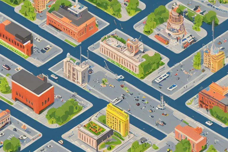 Image similar to isometric illustration of a city scape by Wes Anderson, hyperrealistic, photorealistic, artstyle, highly detailed, sharp