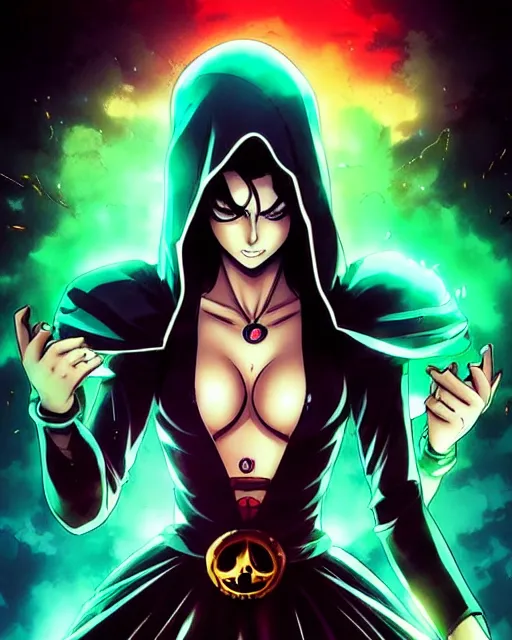 Image similar to artgerm, eiichiro oda, pixiv, Rafael Albuquerque comicbook cover, cinematics lighting, beautiful Anna Kendrick supervillain Enchantress, green dress with a black hood, angry, symmetrical face, Symmetrical eyes, full body, flying in the air over city, night time, red mood in background