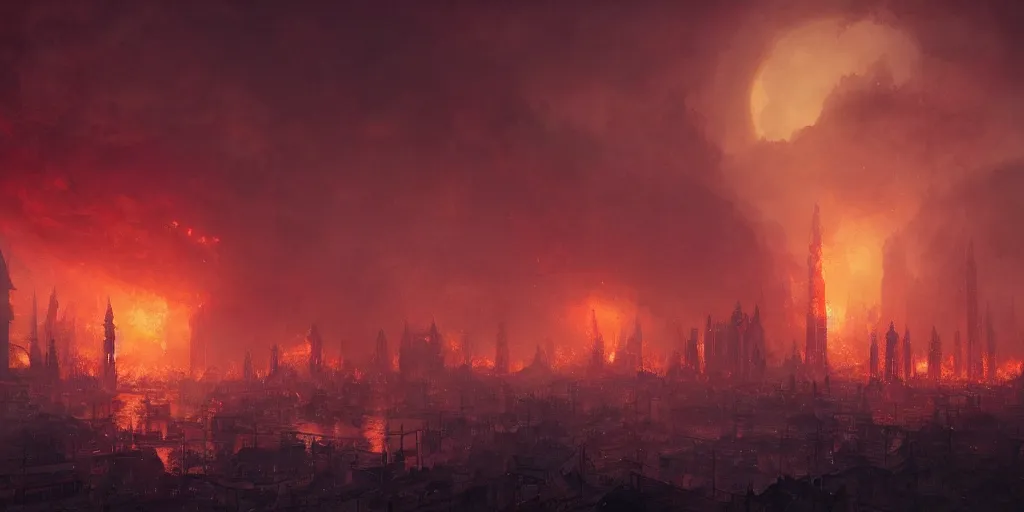 Image similar to A fantasy city completely covered in fire, rising smoke, dark fantasy, nighttime, detailed crimson moon, hyper realistic, by greg rutkowski, trending on artstation