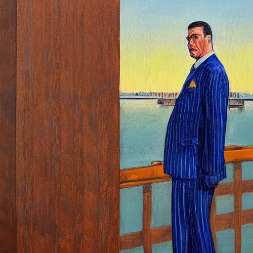 Image similar to A large man in a blue pinstripe suit with a cane stepping off of a cargo ship onto the docks, art, painting, villain