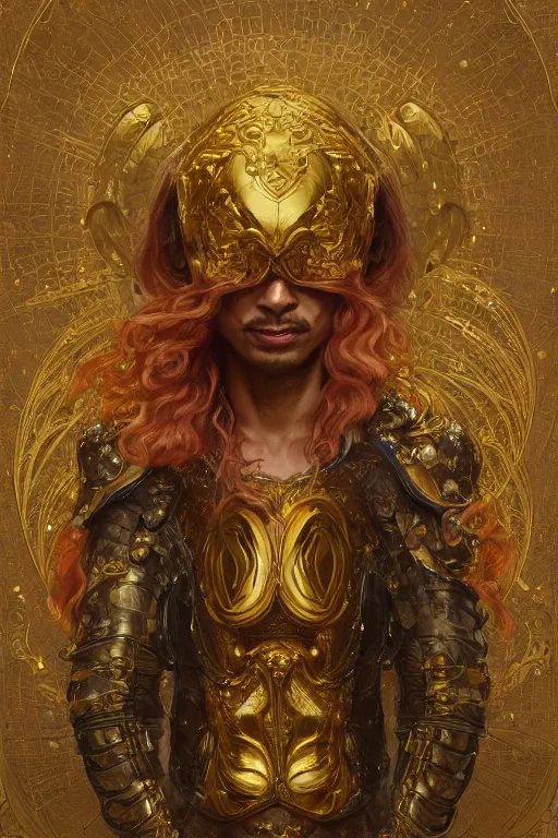 Prompt: eric andre in gold armor, gold hair, gold eyes, tanned skin, fantasy, intricate, highly detailed, digital painting, artstation, concept art, smooth, sharp focus, art by Artem Demura and Alphonse Mucha, ArtGerm, Valentina Remenar, Gaston Bussiere, Cedric Peyravernay