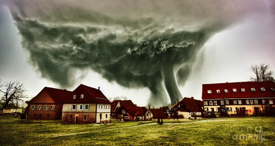 Prompt: a dramatic photograph a huge Tornado approaching a small german town, dramatic lighting, award-winning-photograph, bleach bypass
