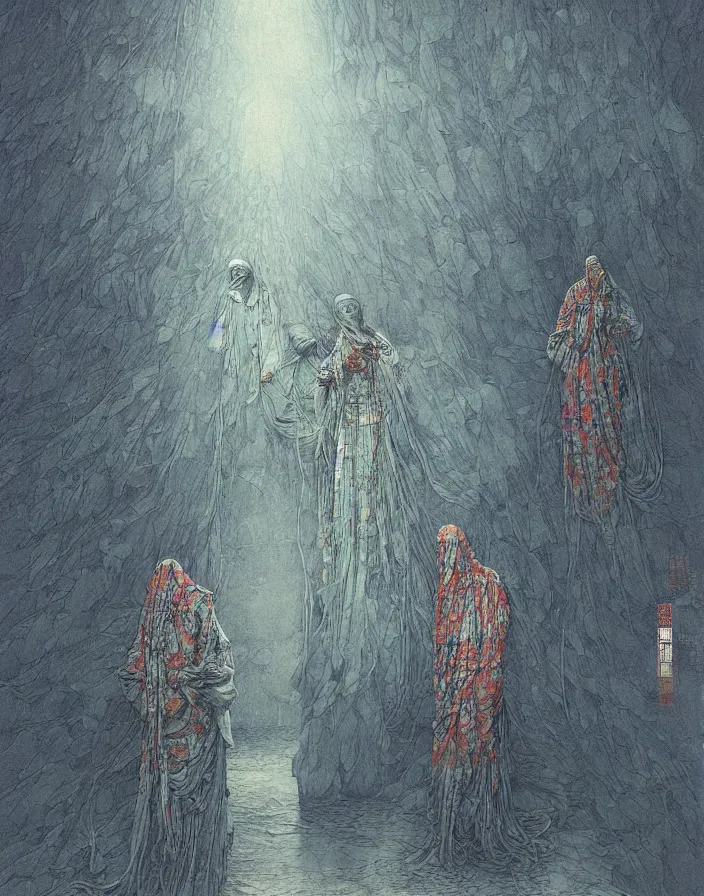 Image similar to worshippers in robes entering the door of the light house, going through the door, high detailed beksinski painting, part by adrian ghenie and gerhard richter. art by takato yamamoto. masterpiece, deep colours, blue