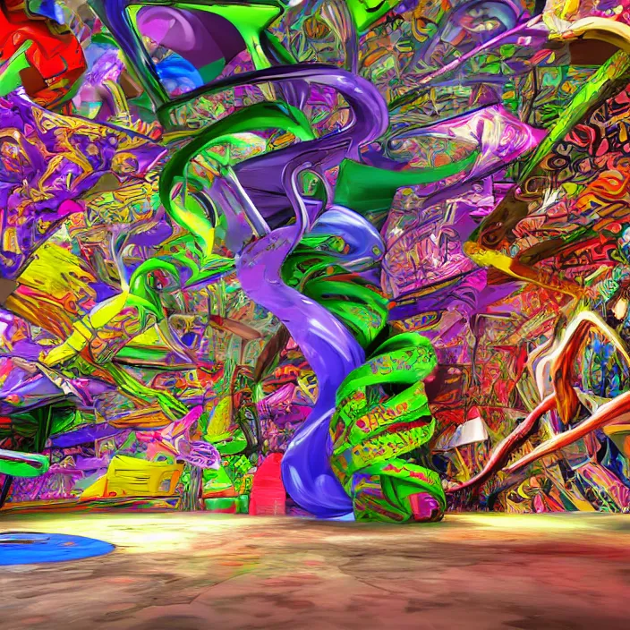 Prompt: graffiti twisted forms, inside the weird multicolored 3 d graffiti realm, high definition image, ps 2 graphics, ps 2 screenshot, computer render, extremely detailed and intricate