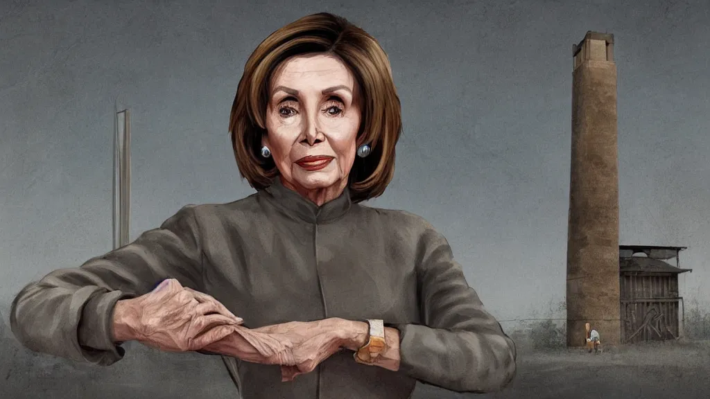 Prompt: Nancy Pelosi held in a Chinese prison camp, concept art, matte painting, 8k, highly detailed, artstation