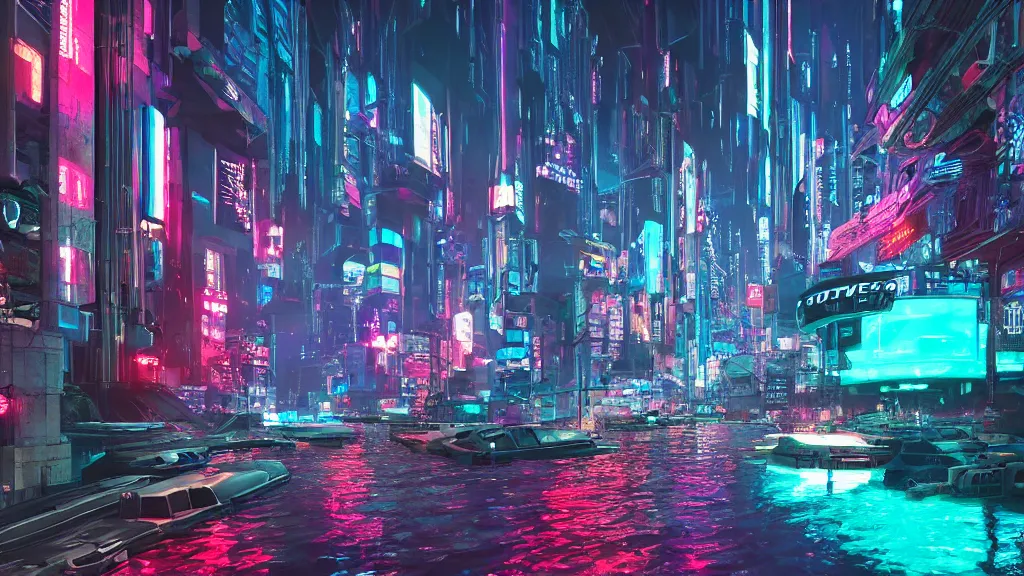 Image similar to immersed in cyberpunk city built underwater, submerged, nighttime, fluorescent led, concept art, cinematic, volumetric lighting, futuristic,, hyperrealistic, highly detailed, colourful 4 k hd