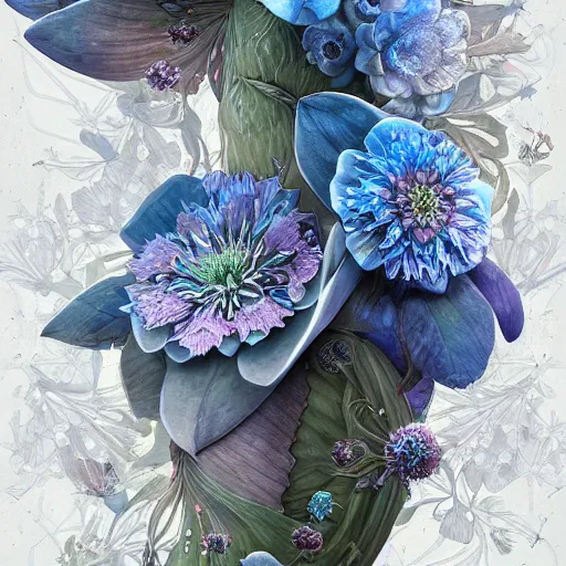 Prompt: beautiful whimsical botanical illustration, silver and blue flowers, enchanted botany, dark background, by android jones, digital matte painting