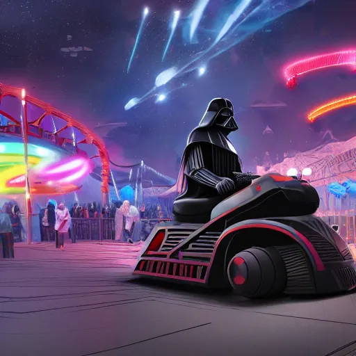 Prompt: darth vader riding bumper cars in a theme park, vibrant, digital art, trending on artstation and unreal engine