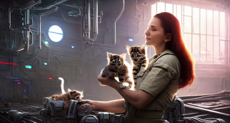 Prompt: a very realistic movie still of a cyborg woman holding a kitten puppy in a cyborg factory, highly detailed render by beeple, syd meade, starwars, space art concept, sci - fi, digital art, unreal engine, wlop, trending on artstation, 4 k uhd image, octane render