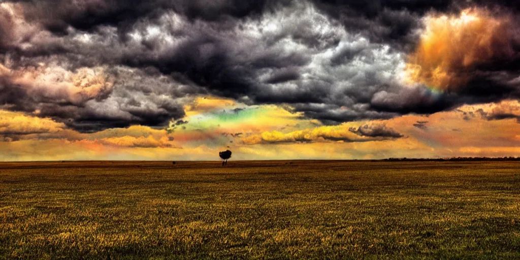 Prompt: empty clown land for miles in every direction there is a long caravan of clowns and clown cars from the 1 8 0 0 s on the horizon puffy clouds in the sky at sunset, rainbow hour, rule of thirds, art, red and yellow