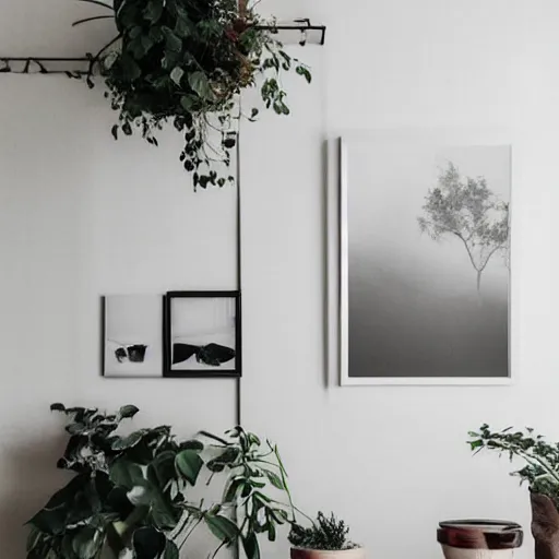 Image similar to a minimalist boho mockup photo with large blank frame, in a white studio, white walls, trending on pinterest and etsy