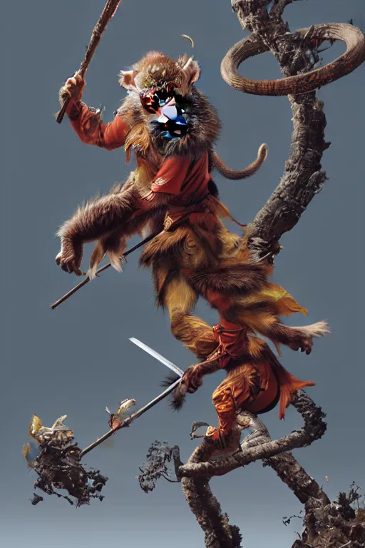 Image similar to monkey king photorealistic cosmic survival, 孫 悟 空 sun wukong, sci fi, painted by craig mullins, designed by sawoozer, akitipe studios, cone, bolt, worm, hog, mud