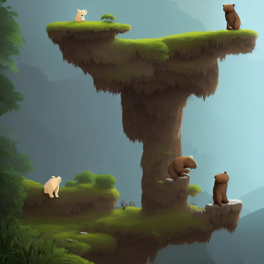 Image similar to A single bear, solitary, without anyone else, is clinging to a wooden trunk that is floating on a river that crosses the jungle, the river is dark blue with stones, art by Goro Fujita, ilustration, concept art, sharp focus, ArtStation, Deviantart