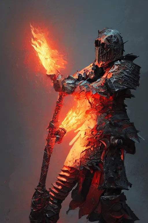 Image similar to a full body character design of an undead knight, flaming, burnt armor, dark, high detail, gritty texture, Artstation, Ruan Jia