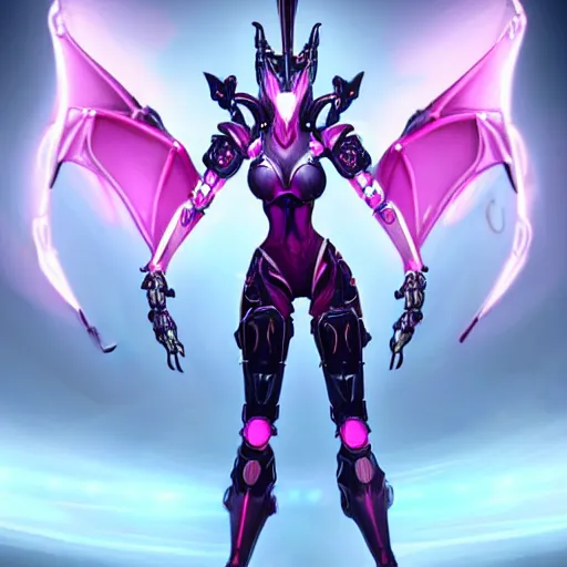 Image similar to highly detailed exquisite fanart, of a beautiful female warframe, but as an anthropomorphic elegant robot female dragoness, glowing eyes, shiny and smooth off-white plated armor, bright Fuchsia skin beneath the armor, sharp claws, robot dragon four fingered hands, and robot dragon three clawed feet, standing elegant majestic pose, full body and head shot, epic cinematic shot, professional digital art, high end digital art, singular, realistic, DeviantArt, artstation, Furaffinity, 8k HD render, epic lighting, depth of field