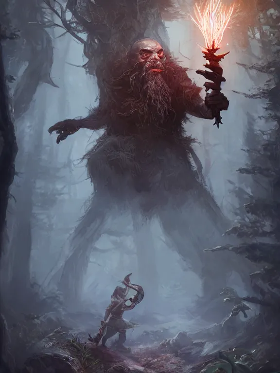 Prompt: Frightened Archer High Fantasy Dwarf treading through Haunted Forest with Glowing Lights, RPG Portrait Reference, Oil Painting, Trending on Artstation, octane render, Insanely Detailed, 8k, HD