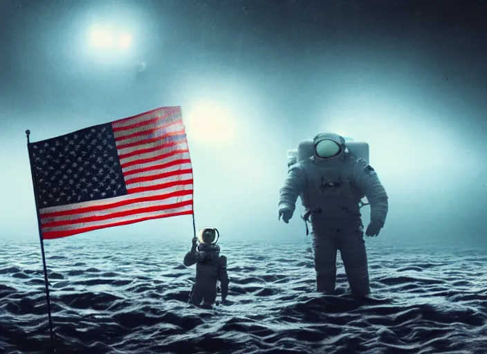 Image similar to astronaut holding a flag in an underwater desert. a submarine is visible in the distance. dark, concept art, cinematic, dramatic, atmospheric, 8 k, trending on artstation, blue, fish, low visibility, light rays, extremely coherent, bubbles, fog, ocean floor, christopher nolan, interstellar, finding nemo