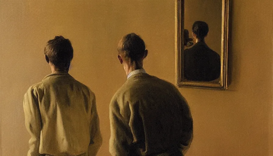 Image similar to painting by borremans, man back standing in front on the mirror and his back in the mirror, detailed, stunning