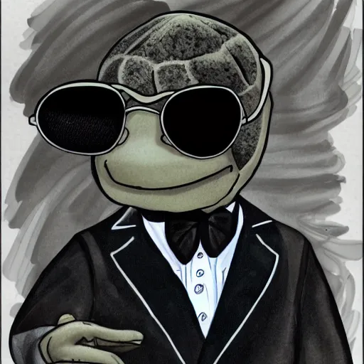 Image similar to turtle with a black suit and cool shades, highly detailed, smooth