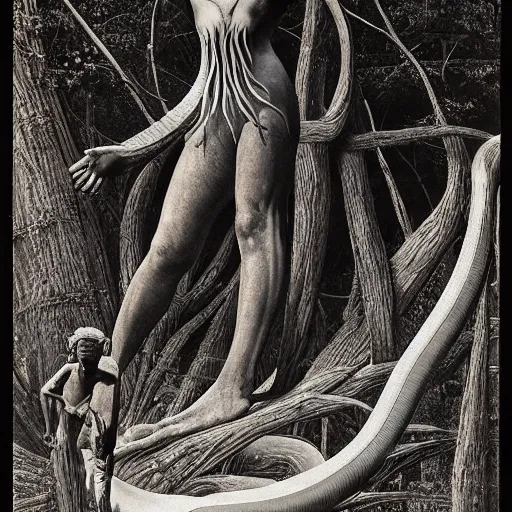 Prompt: by brett weston, by paul gustave fischer delicate, highly detailed. a computer art of a large, looming creature with a long, snake body. many large, sharp teeth, & eyes glow. wrapped around a large tree, bent under the weight. small figure in foreground, a sword, dwarfed by the size of the creature.