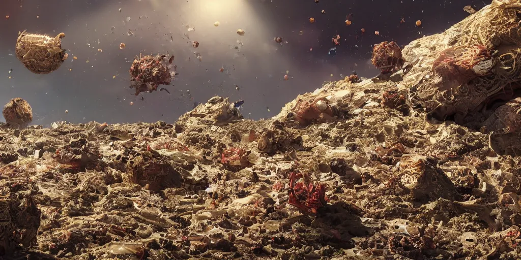 Prompt: shot from a distance of 2 5 0 million miles. a highly accurate depiction of earth slowly broken open, exploding, and pieces are floating apart. the earth is being attacked by an unbelievably huge sentient space florida crab descendants. dramatic lighting, highly coherent, highly detailed, epic, digital art, valerian, silent running, fifth element, octane 3 d render.