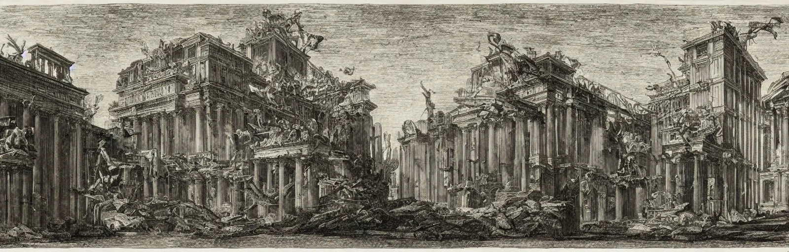 Image similar to a imaginative and theatrical architectural prison landscape, etching by giovanni battista piranesi