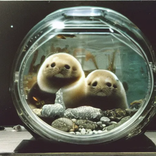 Prompt: a photo of a terrarium containing baby harp seals, located in a rundown condo from 1996, 15mm, Kodachrome