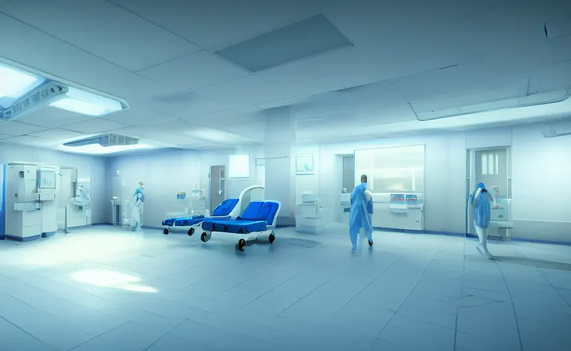 Image similar to a hospital with soft blue lights in the roof, octane render, artstation trending, highly detailded