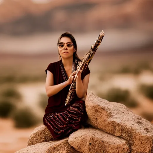 Image similar to a female playing flute whilst sitting on a rock in the desert. cinematic 8 k, depth of field, bokeh.